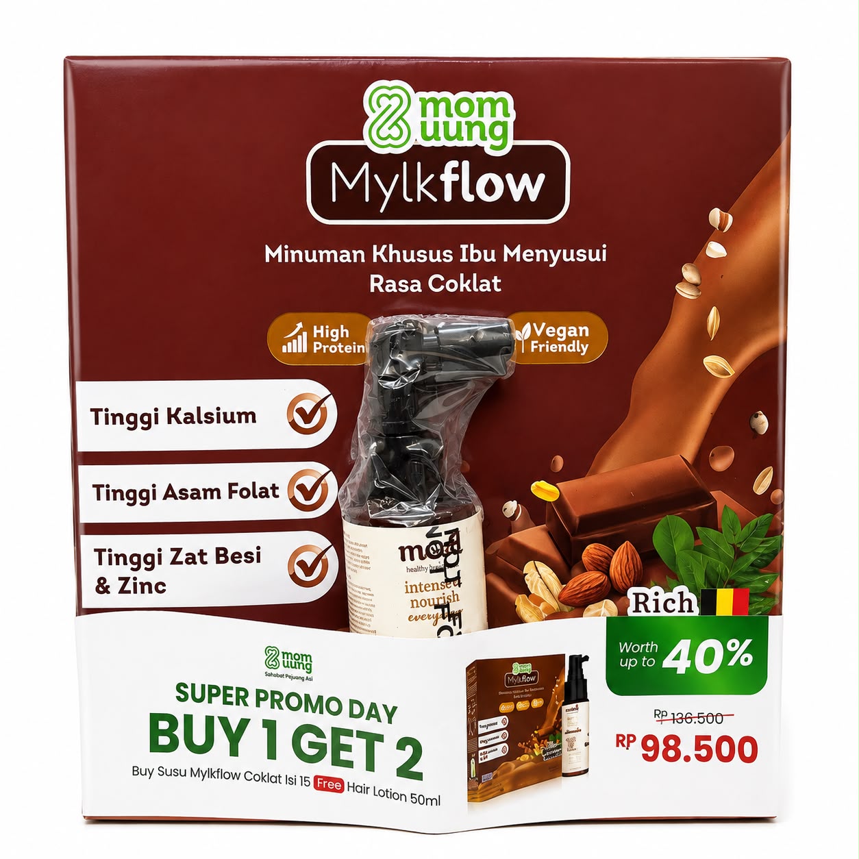 Mom Uung Bundling - Susu Coklat 15 Sachet V2 + Free Hair Lotion 50ml + Sticker Bundling