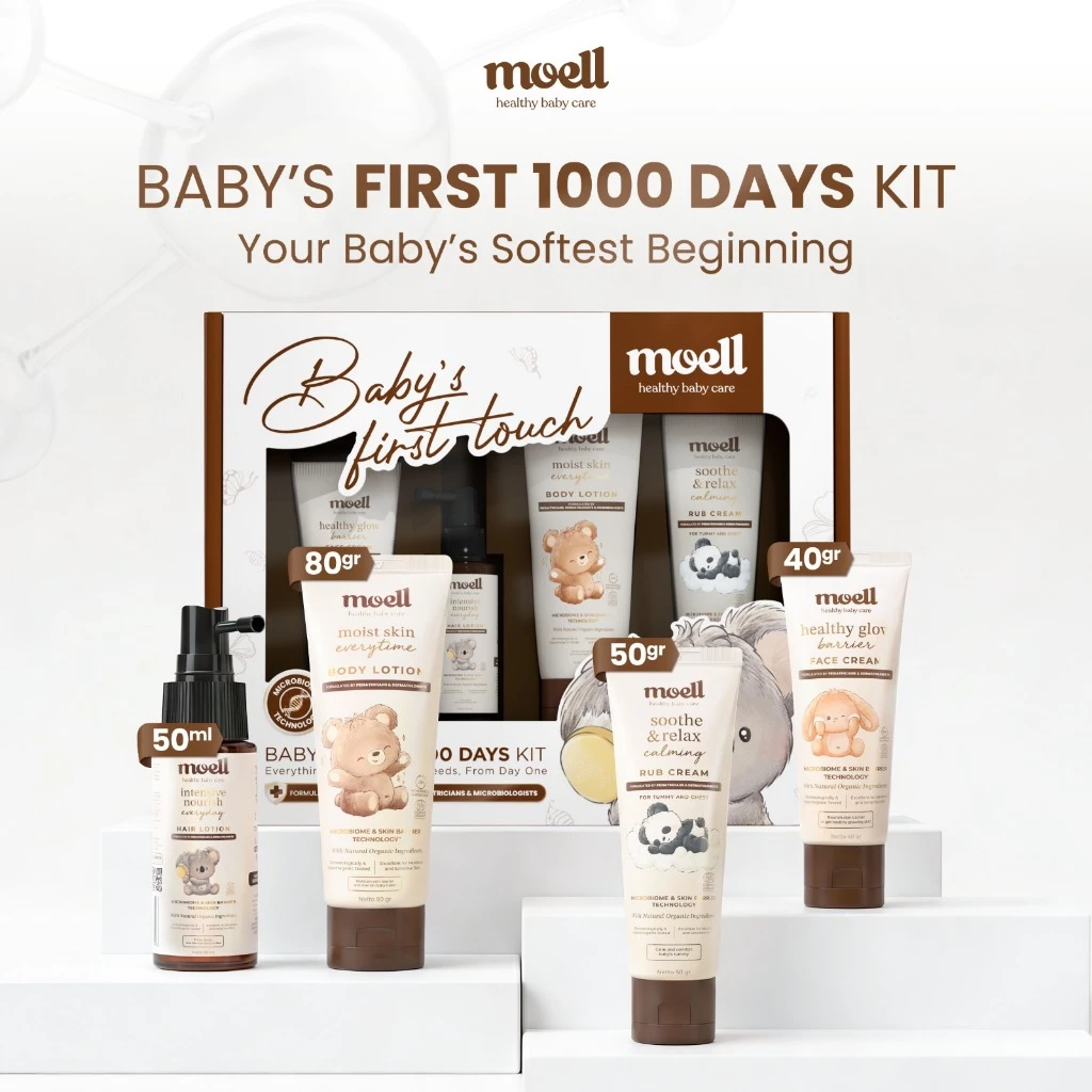 Moell Bundling - Face Cream 40gr V2 + Hair Lotion 50ml + Calming Rub Cream 50gr V2 + Body Lotion 80gr + Free Packaging Box Baby First 100 Days