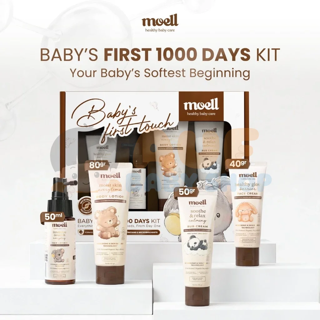Moell Bundling - Face Cream 40gr V2 + Hair Lotion 50ml + Calming Rub Cream 50gr V2 + Body Lotion 80gr + Free Packaging Box Baby First 100 Days
