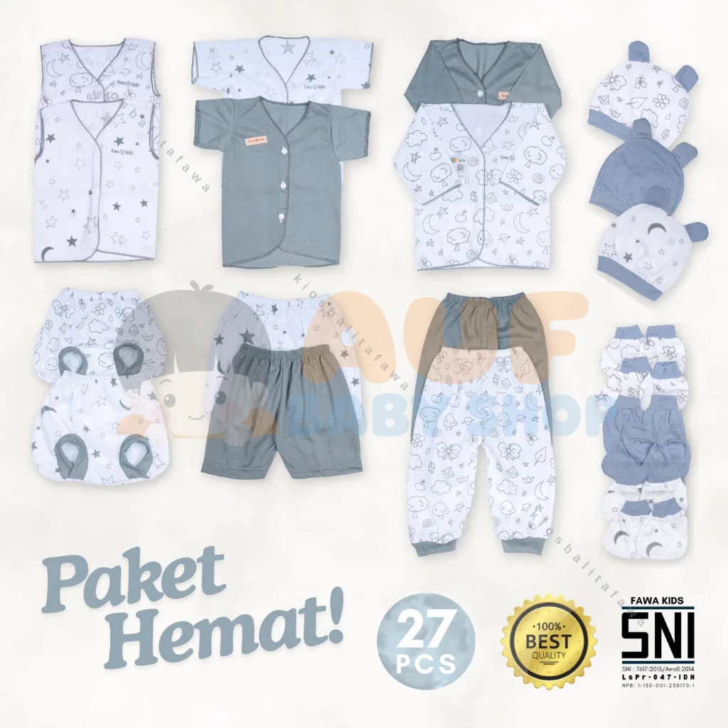 27 PCS Paket Baju Bayi New Born 0-3 Bulan SNI (Grey)