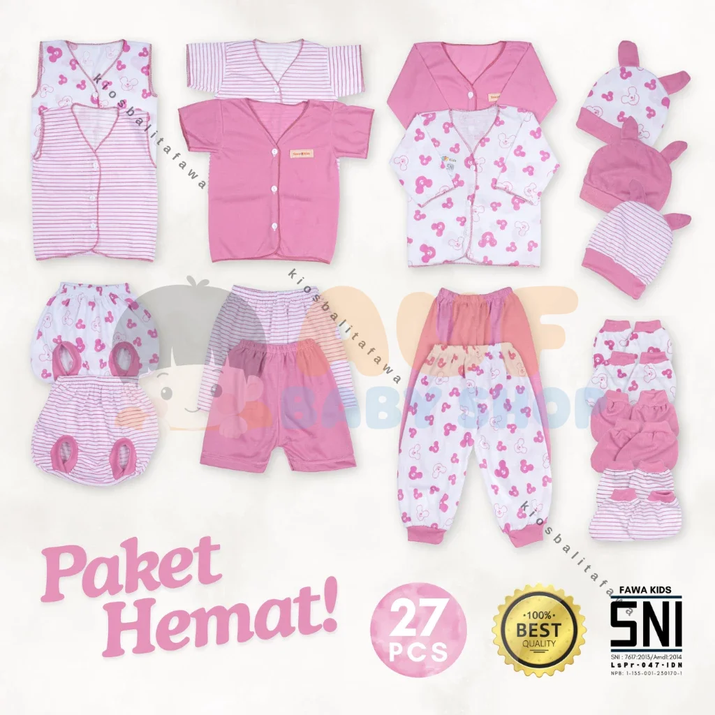 27 PCS Paket Baju Bayi New Born 0-3 Bulan SNI (Tulip Peach)