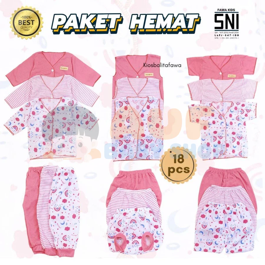18 PCS Paket Baju Bayi New Born 0-3 Bulan SNI (Awan Pink)