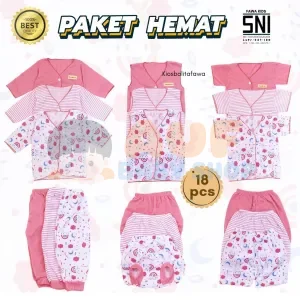 18 PCS Paket Baju Bayi New Born 0-3 Bulan SNI (Awan Pink)